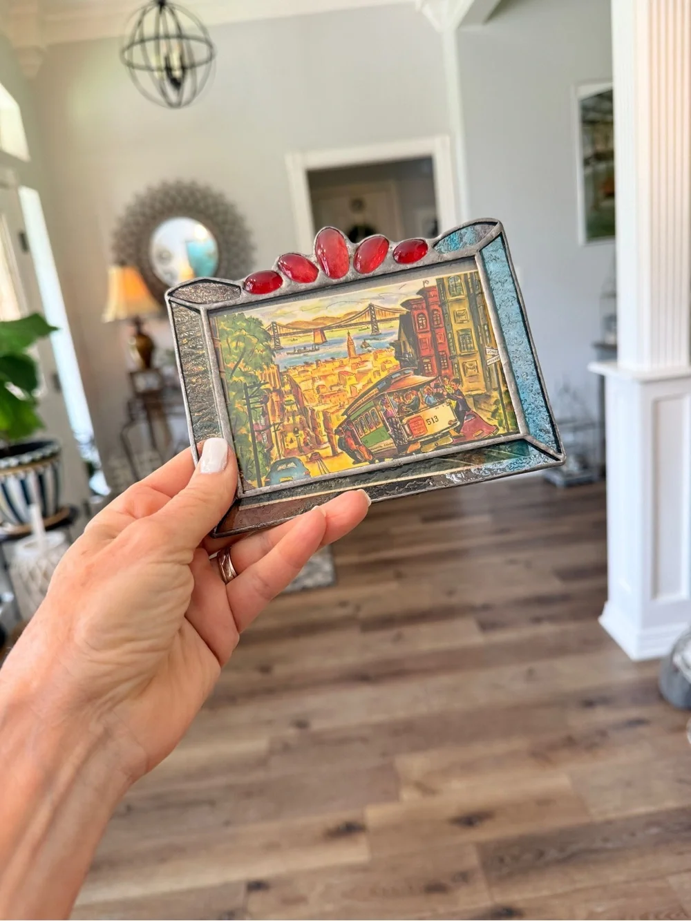 Vintage Stained Glass Picture Frame – Red Accents, Silver Metal Border - Picture 7 of 12